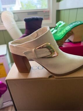 Beige Suede Buckle Block Heel Mules - Women's Slip-On Heels